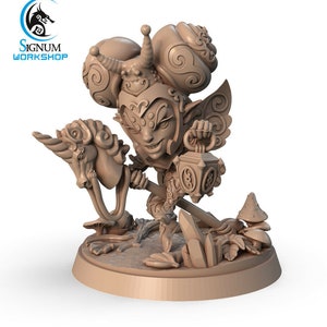 May include: A miniature figurine of a fairy riding a unicorn, holding a lantern. The fairy has a mischievous expression and is wearing a crown and wings. The figurine is painted in a light brown colour.