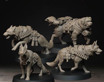 May include: Four grey dog figurines with military-style equipment. One dog is wearing a gas mask. The figurines are on black bases, with the text "Bite the Bullet" and "Ashen Armies" visible.