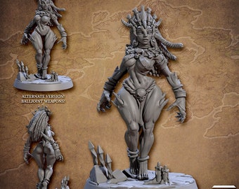 May include: Gray 3D printed miniature of a female figure with a skull and bone adornment. The figure is standing on a circular base with a rocky texture. The figure has a crown of bone spikes and a long braid of hair. The figure is labeled "Neriah - Lady of the Crypts".