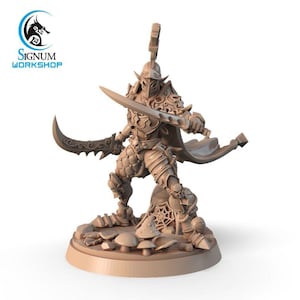 May include: A detailed miniature figurine of a fantasy warrior, sculpted in a light brown colour. The figure is wearing armour and wielding a sword and a curved dagger. The figure is standing on a base with mushrooms and a spiderweb.