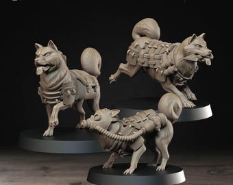 May include: Three grey dog figurines with military-style gear, including harnesses and gas masks. The figurines are on black circular bases. The text "Bite the Bullet" and "Ashen Armies" are visible.