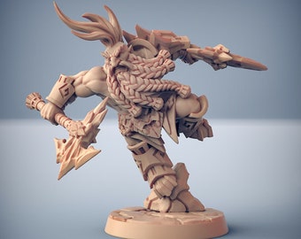 May include: A miniature figurine of a dwarf warrior, painted in a light brown color. The dwarf is holding a large axe in one hand and a shield in the other. The dwarf is wearing a horned helmet and has a long beard.