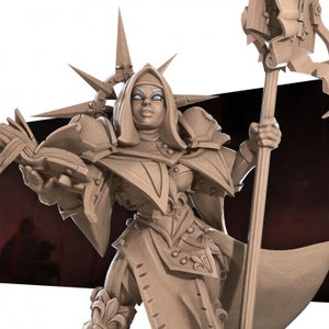 May include: A detailed miniature figurine of a female warrior wearing a brown and white robe with a large book in one hand and a staff with a banner in the other. The figurine has a halo of light around her head and blue eyes.