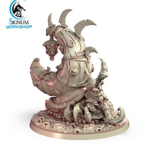 May include: A detailed, 3D printed miniature of a monstrous, tentacled creature with a lantern on its back. The creature is perched on a circular base with intricate details.