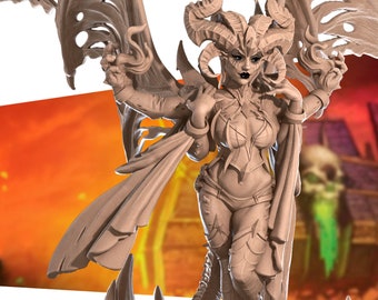 May include: A detailed figurine of a female demon with horns, wings, and a flowing cape. The figurine is painted in a light brown color and is standing on a rocky base.