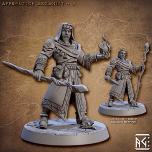 May include: A grey 3D printed miniature of an apprentice arcanist holding a staff and a glowing orb. The miniature is posed in a dynamic stance, with the arcanist's robes flowing behind them. The miniature is printed in a high-quality, detailed style, with intricate details on the robes and staff. The miniature is suitable for use in tabletop role-playing games or as a collectible.