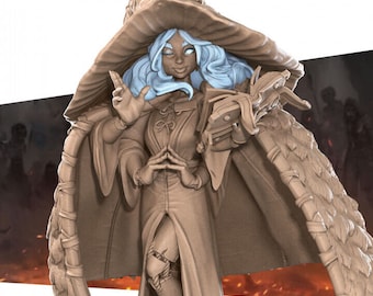 May include: A miniature figurine of a female witch wearing a brown pointed hat and a long brown robe. She has blue hair and is holding a book in her left hand.