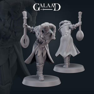 May include: A gray 3D printed miniature of a jester figure holding a lute. The figure is wearing a jester's hat and a long coat. The figure is standing on a round base. The figure is painted in a gray color. The figure is a part of a set of miniatures for a tabletop role-playing game.