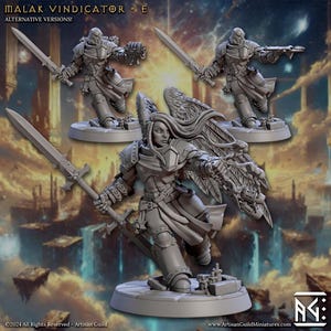 May include: Three miniature figures of a warrior with wings and a sword. The figures are in different poses, one with a sword raised, one with a sword lowered, and one with a sword pointed forward. The figures are made of a gray material and are painted in a realistic style.