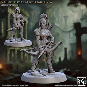 Könnte beinhalten: Eine graue 3D-gedruckte Miniatur einer weiblichen Figur mit Bogen und Pfeil. Sie trägt ein Lederoutfit und hat einen grimmigen Gesichtsausdruck. Die Miniatur steht auf einem runden Sockel.