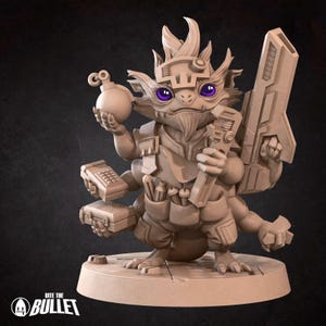May include: A brown, detailed miniature figurine of a creature with a spiky mohawk, large eyes, and multiple arms. The creature is holding a bomb, a wrench, a phone, a briefcase, and a futuristic gun. The figurine is standing on a round base.