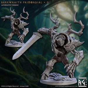 May include: A gray, detailed miniature of a barkwraith primordial, a creature with a tree-like body, antlers, and a face carved from wood. The miniature is posed in a dynamic stance, holding a sword in its right hand. The miniature is set on a round base.