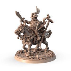May include: A miniature figurine of a fantasy creature riding a horse. The creature is wearing armour and holding a sword. The horse is wearing a saddle and has a bird perched on its back.