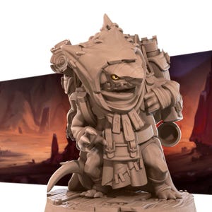 May include: A tan-coloured fantasy figurine of a creature with a hooded cloak, backpack, and a tail. The creature has one visible yellow eye and is posed on a wooden base. The figurine has a detailed design.