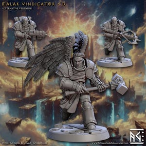 May include: A gray plastic miniature figure of a warrior with wings, holding a hammer. The figure is standing on a circular base. The figure is part of a set of alternative versions of the Malak Vindicator.