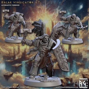 May include: A digitally rendered image of a warrior figure, labeled "MALAK VINDICATOR - C," with alternative versions. The central figure is armored, holding a hammer and shield. Two additional figures are shown, one with a hammer and the other with a crossbow. The background depicts a fantasy landscape.