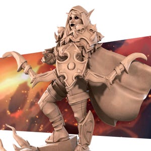 May include: A detailed figurine of a fantasy character, featuring a hooded figure in armour with a cape. The figure is holding a bow and shield, with skull accents on the shoulders. The color is a neutral beige.