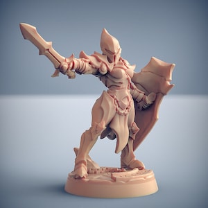 Könnte beinhalten: Eine Miniaturfigur einer weiblichen Kriegerin in voller Rüstung, die ein Schwert und einen Schild hält. Die Figur ist aus hellbraunem Kunststoff gefertigt und steht auf einem runden Sockel.