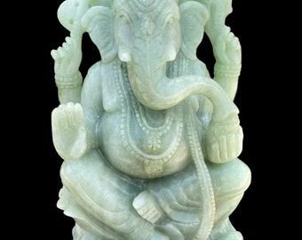 Hand Carved Aventurine Ganesha Statue: Hindu God Home Decor (11.5 inch)