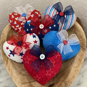 Handmade Patriotic Fabric Hearts/Stuffed Hearts/Patriotic Hearts/Tier Tray Decor/Bowl Filler/Fabric Hearts/Patriotic Decor/Assorted Hearts