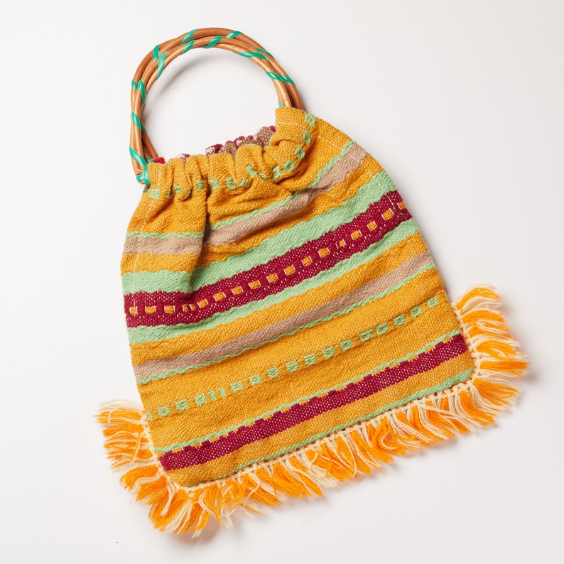 Vintage South American Embroidered Bag with Wood Handle and Fringe Small Woven Fabric Boho Bird Peacock Andean Peruvian Textile