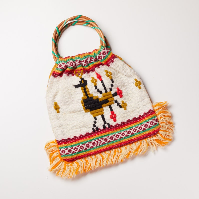 Vintage South American Embroidered Bag with Wood Handle and Fringe Small Woven Fabric Boho Bird Peacock Andean Peruvian Textile