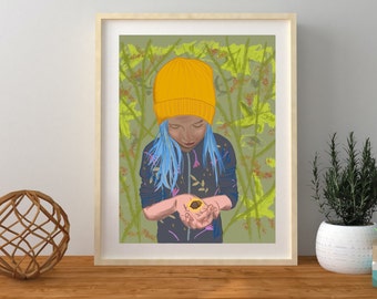 Girl Power Print, Inspirational Girl, Feminist Illustration, Female empowerment art print, Blue Haired girl, hopeful wall art, Girl Teen art