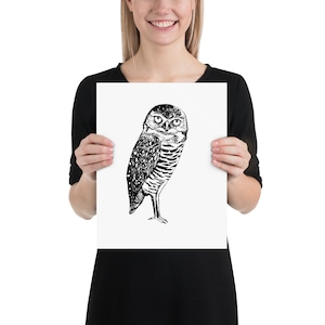 Owl artwork, Minimalist owl print, Burrowing Owl, Owl drawing, black and white owl, Whimsical Owl Art, Owl wall art, Owl Print, owl portrait