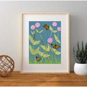 Monarch Butterfly Poster, Gift for Mom, Butterfly Art Print, Insect Illustration Wall Art , monarch on milkweed, Gallery Poster