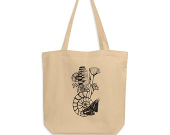 Nature Eco bag, Botanical Art bag, Minimalist art tote, butterfly print tote, Black White Botanical, ammonite art, Eco Tote Bag, boho bag