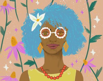 Retro digital print, retro wall art, Blue haired lady, daisy flower art, gallery wall, african american art, 60s illustration, whimsical art