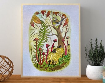 Mushroom Watercolor Print, Forest Scene Botanical Art