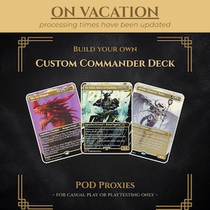 May include: Three custom Magic: The Gathering trading cards featuring The Ur-Dragon, Jin Sakai, Ghost of Tsushima, and Atraxa, Praetors' Voice. The text reads ON VACATION, BUILD YOUR OWN CUSTOM COMMANDER DECK, and POD PROXIES.
