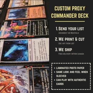 Puede incluir: Una colección de cartas de juego proxy personalizadas con coloridas ilustraciones de fantasía y texto, junto a un panel informativo negro que dice CUSTOM PROXY COMMANDER DECK, 1. SEND YOUR LIST, 2. WE PRINT & CUT, 3. WE SHIP y LAMINATED PHOTO PAPER.