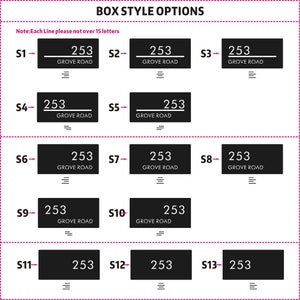 Puede incluir: Un gr&aacute;fico que muestra 13 estilos de caja diferentes para n&uacute;meros de casa. Cada estilo de caja est&aacute; etiquetado con un n&uacute;mero y una letra, como S1, S2, S3, y as&iacute; sucesivamente. El texto "GROVE ROAD" aparece debajo del n&uacute;mero de casa en cada estilo de caja. El texto "Nota: Cada l&iacute;nea no debe tener m&aacute;s de 15 letras" aparece en la parte superior del gr&aacute;fico.