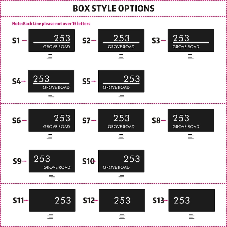 Puede incluir: Un gr&aacute;fico que muestra 13 estilos de caja diferentes para n&uacute;meros de casa. Cada estilo de caja est&aacute; etiquetado con un n&uacute;mero y una letra, como S1, S2, S3, y as&iacute; sucesivamente. El texto "GROVE ROAD" aparece debajo del n&uacute;mero de casa en cada estilo de caja. El texto "Nota: Cada l&iacute;nea no debe tener m&aacute;s de 15 letras" aparece en la parte superior del gr&aacute;fico.
