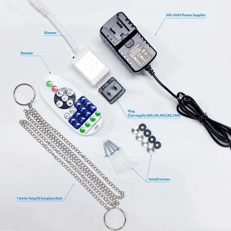 May include: A white LED light strip kit with a remote control, dimmer, power adapter, plug, hanging chain, and installation screws. The remote control has buttons for on/off, color selection, brightness, and timer functions.