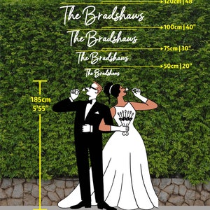 May include: A black and white illustration of a bride and groom holding a bouquet of flowers. The bride is wearing a white dress and the groom is wearing a tuxedo. The text "The Bradshaws" is repeated four times in the background. The image includes measurements in inches and centimeters.