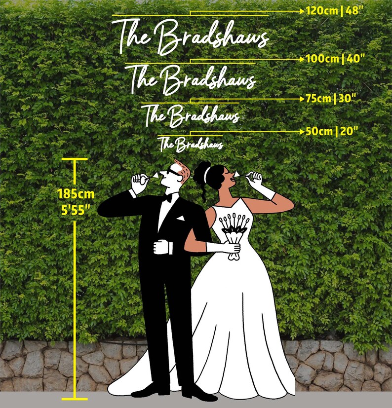 May include: A black and white illustration of a bride and groom holding a bouquet of flowers. The bride is wearing a white dress and the groom is wearing a tuxedo. The text "The Bradshaws" is repeated four times in the background. The image includes measurements in inches and centimeters.