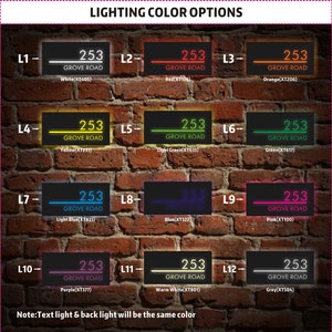 Puede incluir: Un gr&aacute;fico que muestra 12 opciones de color diferentes para un letrero que dice "253 Grove Road". Los colores son blanco, rojo, naranja, amarillo, verde claro, verde, azul claro, azul, rosa, morado, blanco c&aacute;lido y gris.