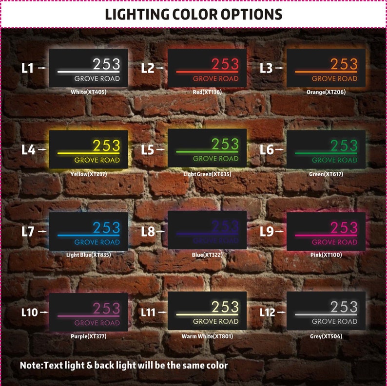 Puede incluir: Un gr&aacute;fico que muestra 12 opciones de color diferentes para un letrero que dice "253 Grove Road". Los colores son blanco, rojo, naranja, amarillo, verde claro, verde, azul claro, azul, rosa, morado, blanco c&aacute;lido y gris.