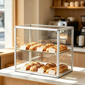 Könnte beinhalten: Eine Glasvitrine mit silbernem Rahmen zeigt mehrere frisch gebackene Brotlaibe. Das Brot ist goldbraun mit einer strukturierten Kruste, und jeder Laib liegt auf einem Holzregal. Die Vitrine steht auf einer weißen Theke, mit einem verschwommenen Hintergrund einer Bäckerei.