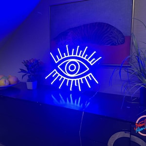 Insegna al neon contro il malocchio - Decorazione protettiva a LED blu per camera da letto, bar, feste, regalo spirituale, portafortuna, illuminazione da parete per club e casa