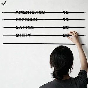 May include: A black coffee menu board with the words "AMERICANO", "ESPRESSO", "LATTEE", and "DIRTY" displayed horizontally. Each word is above a number. A person is seen adjusting the numbers on the board.