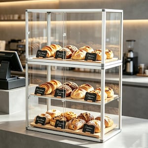 May include: A glass display cabinet with a silver frame, showcasing an assortment of baked goods. The cabinet has wooden shelves and small black signs. The display includes croissants and loaves of bread.