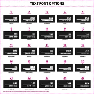 Puede incluir: Un gr&aacute;fico que muestra 25 opciones de fuentes diferentes para el texto "253 Grove Road". Cada fuente est&aacute; numerada y etiquetada con su nombre.