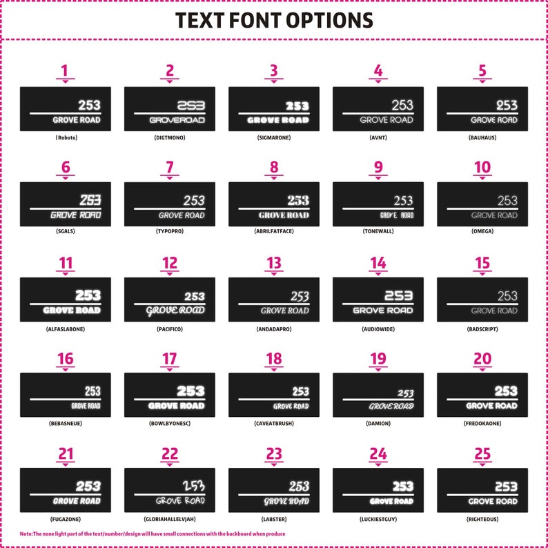 Puede incluir: Un gr&aacute;fico que muestra 25 opciones de fuentes diferentes para el texto "253 Grove Road". Cada fuente est&aacute; numerada y etiquetada con su nombre.