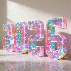 May include: Large, illuminated numerals '2026' with a clear, geometric design. Each number is filled with colourful LED lights, creating a vibrant rainbow effect. The numbers are standing on a tiled surface.