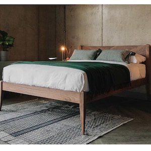 British Walnut Wood Bed – Solid Walnut Platform Bed Frame – Handmade Minimalist Low Profile Bed – Modern Japandi Bedroom Style
