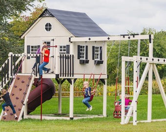 Columpio de jardín con tobogán de madera – Zona de juegos infantil al aire libre – Incluye muro de escalada y columpios